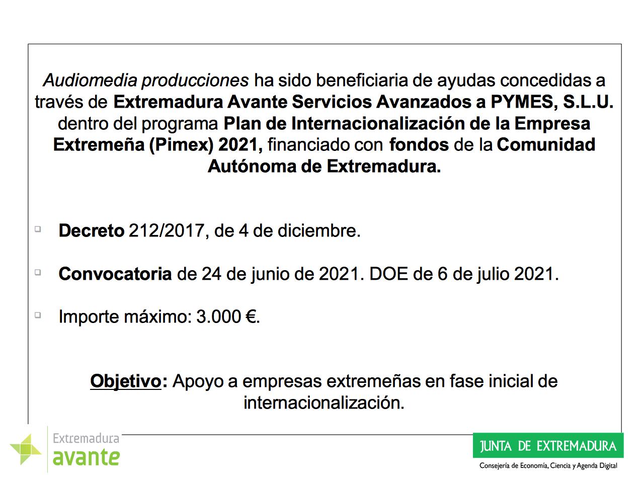 Audiomedia producciones dentro del Plan de internacionalizacion de la Empresa Extremeña (PIMEX) 2021